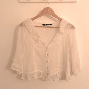 White Zara Medium Woman’s Blouse with Tie and Ruffle Detailing